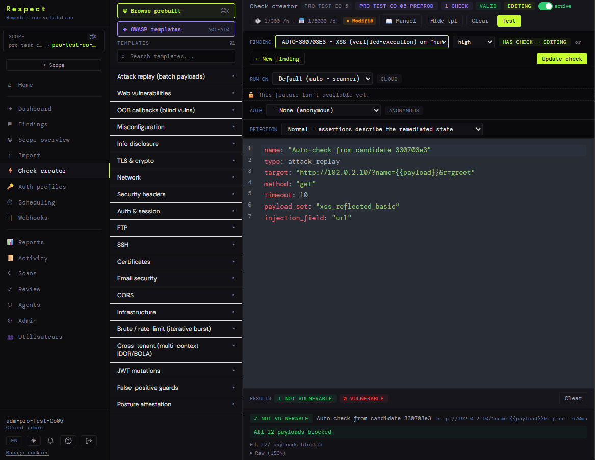 Éditeur de check avec un YAML de rejeu de charges et son résultat d'exécution